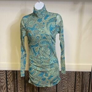 Sweet Pea Blue and Green Paisley y2k Mesh Long Sleeve Dress